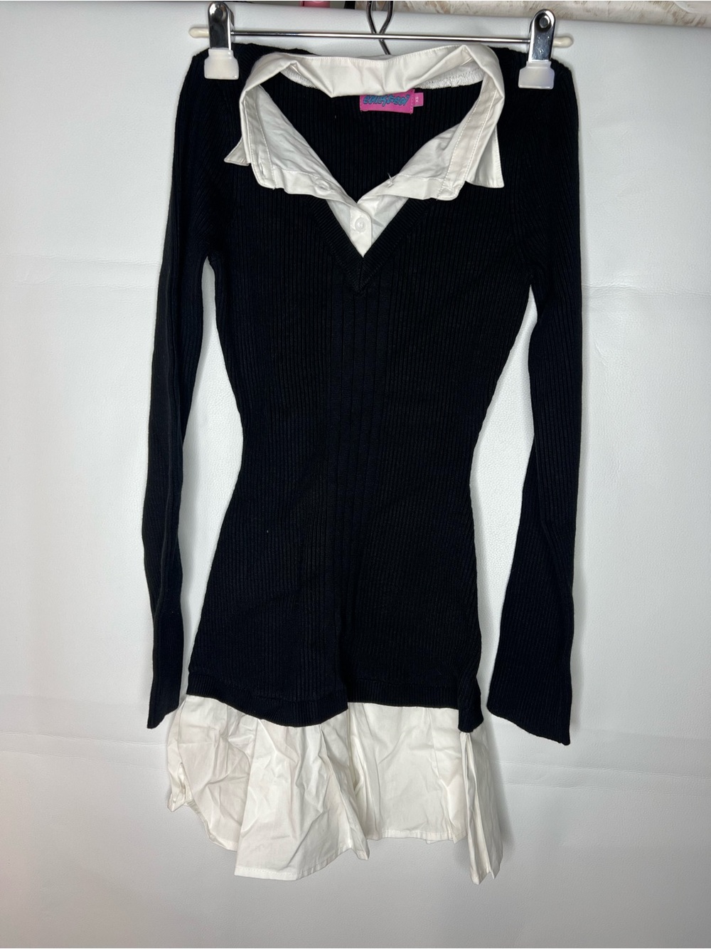 Edikted Black V-Neck Ribbed Sweater with White Shirt Layer